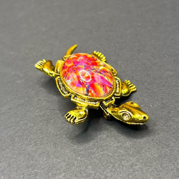 Jewelry - Vintage Turtle Gold Pink Red Turtle Brooch Pin